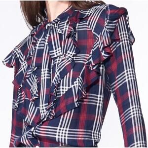 Veronica Beard Finley Ruffle Tie Top Plaid Blouse Size 8